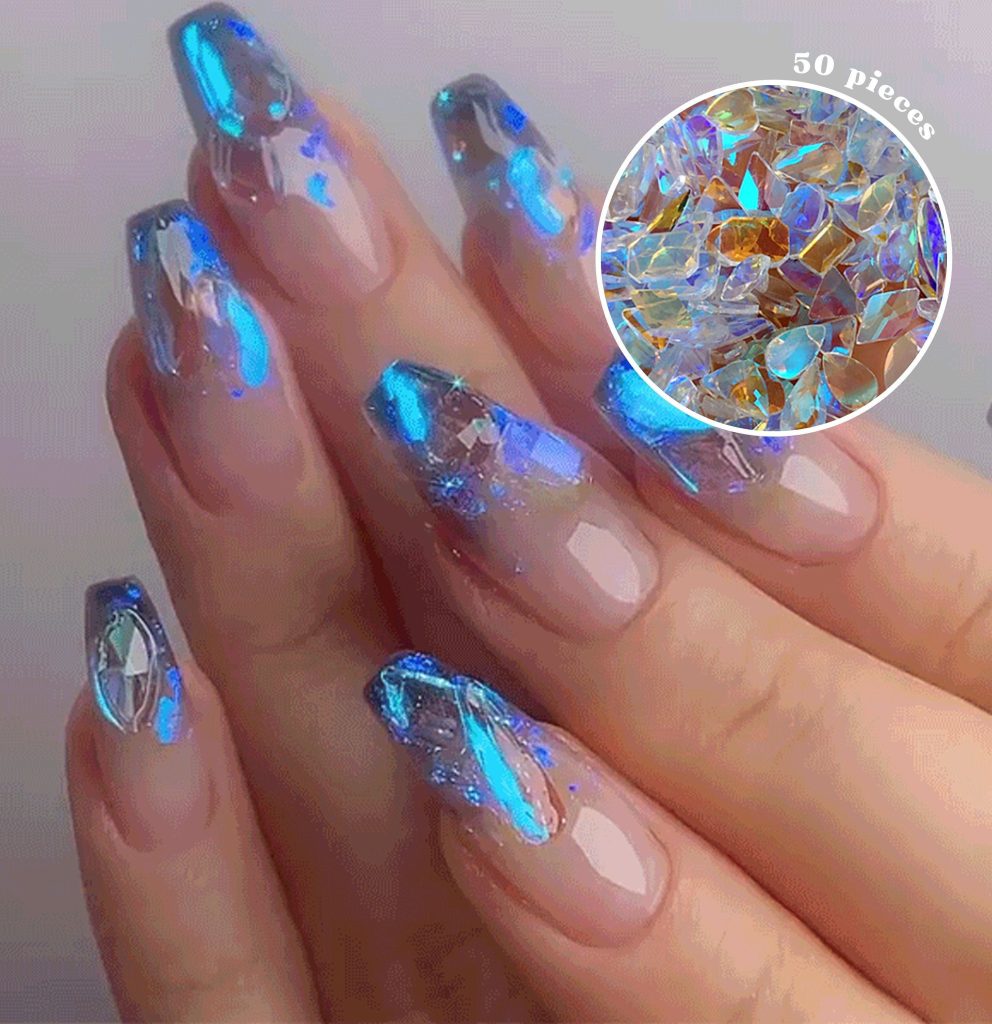 50pc Polar Light Glasses Crystal Rhinestone Nail Charms Gems Flatback/ Mermaid Sparkling irregular Nail Art /Summer2023
