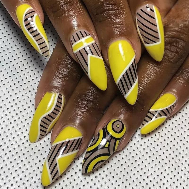 Stripe Y2K Yellow Medium Almond Press On Nails