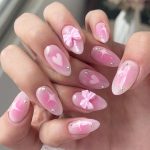 Almond Press on Nails Medium Fake Nails Pink Ombre False Nails with Heart Star Design Glue on Nails 3D Bow Full Cover Stick on Nails Glossy Acrylic Nails Cute Artificial Nails for Women Manicure 24Pcs