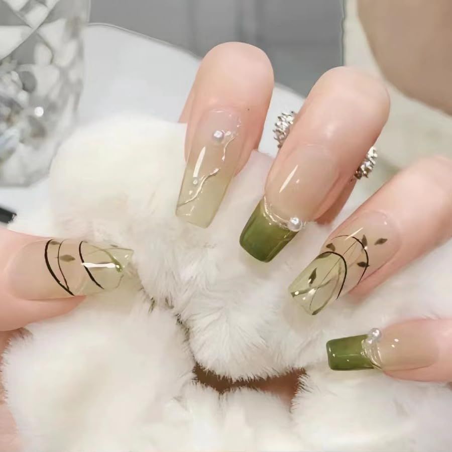 HUIYUNTIAN Press nails,perfect fit, suitable for female girls gifts Long, square fake nails, green bamboo