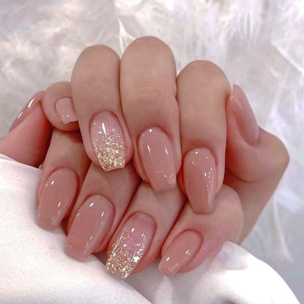 Pink Press on Nails Medium Square Fake Nails with Design Gold Glitter Sequins Glossy Glue on Nails Nude Acrylic Full Cover Coffin False Nails Cute Artificial Nails for Women Girls Manicure Kit 24Pcs