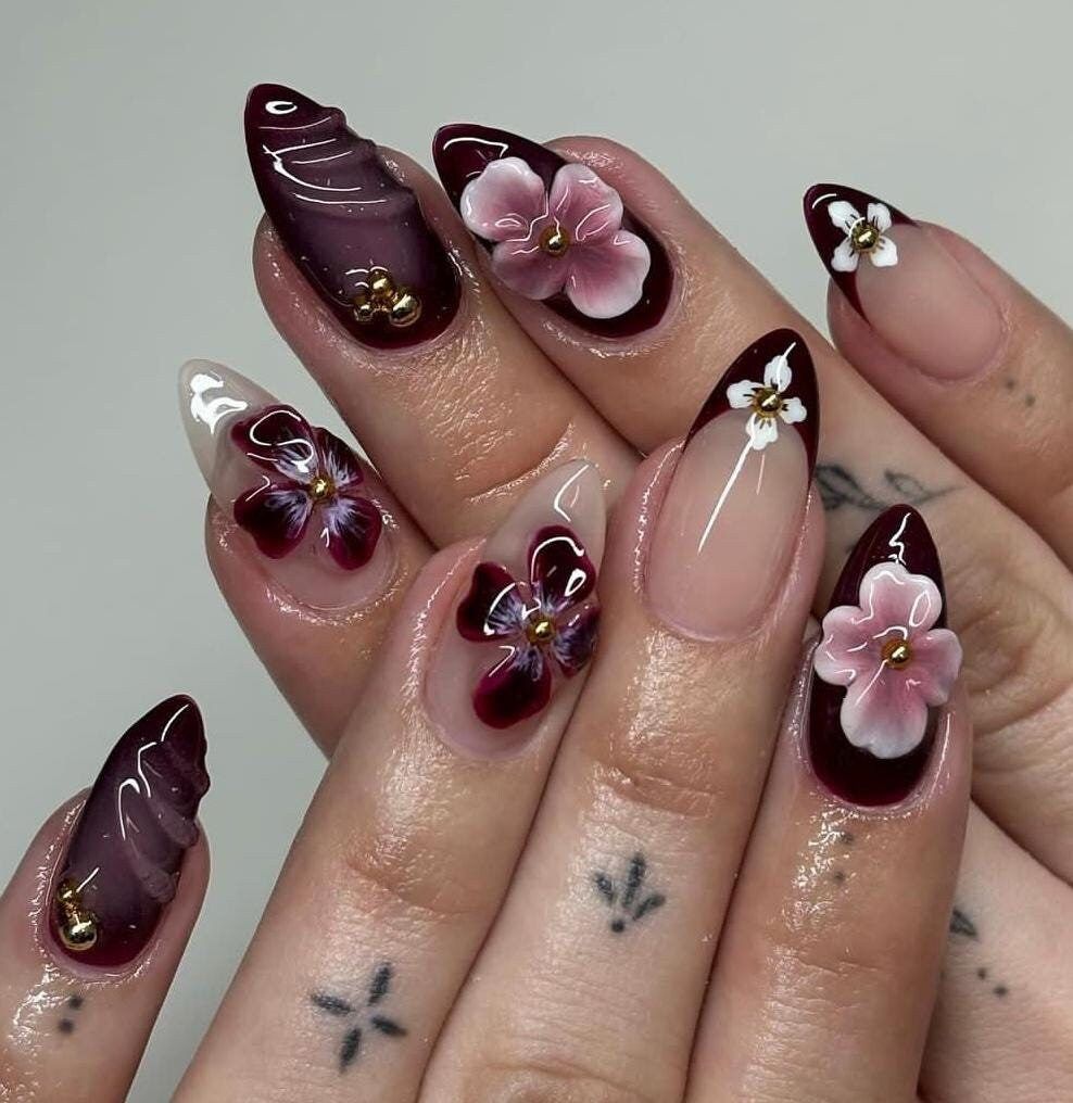 3D Jelly Flower Hand-painted Nail Set, Dark Purple False Nails, Fall Press On Nails, Handmade Acrylic Nails, Press On Set.