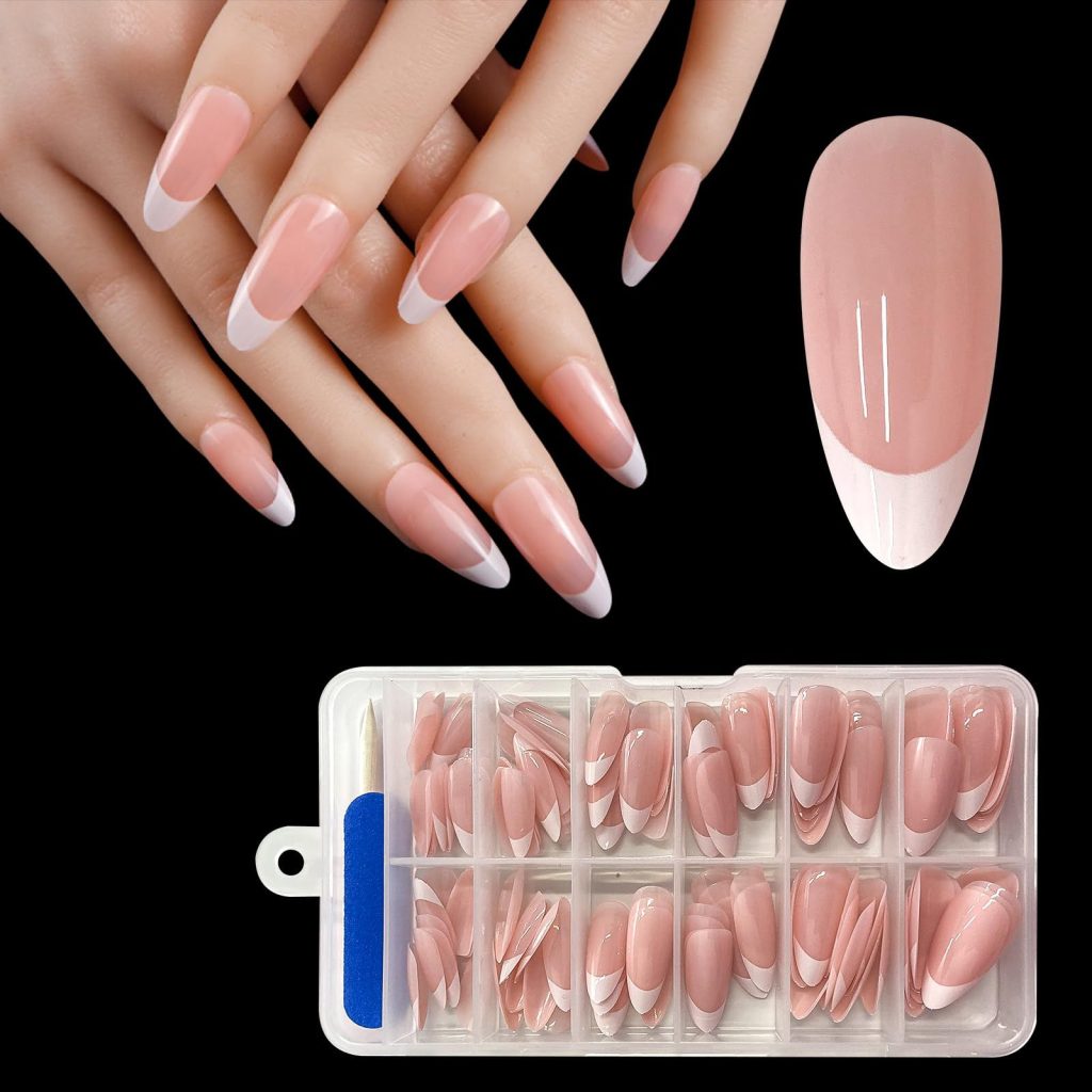 French Tip False Nails – ZAHRVIA Short Almond Press on Nails, Soft Gel Fake Nails, Reusable Semi-Transparent Stick on Nails for Woman (French-Medium Almond)