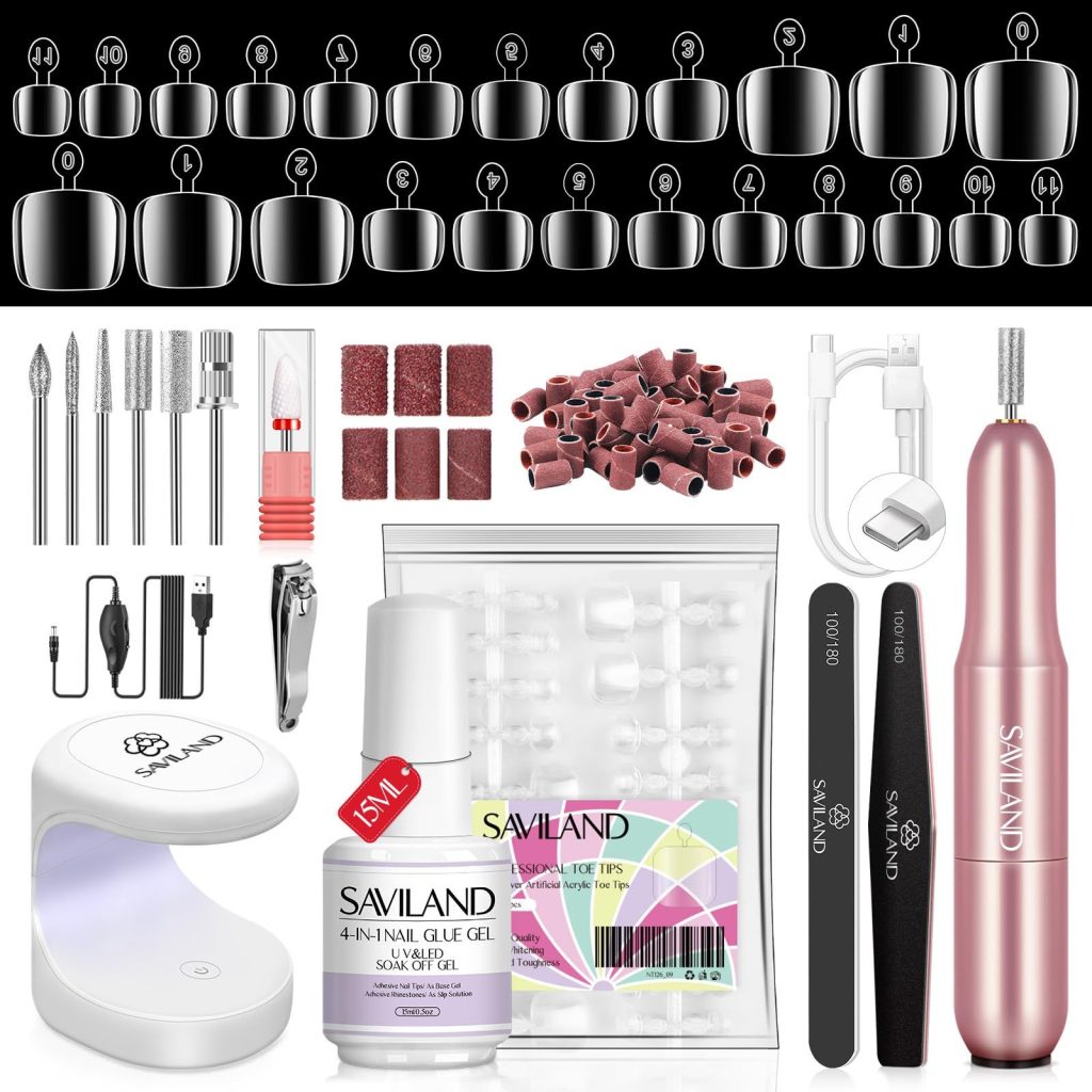 SAVILAND Toe Nail Tips and Glue Gel Kit – Gel Nail Kit for Toes Poly Press On Toes Nails Kit with Nail Drill 500 Pcs Fake Toenails Tips with Nail Glue Acrylic Nail Kit Nail Lamp Salon Home Gift
