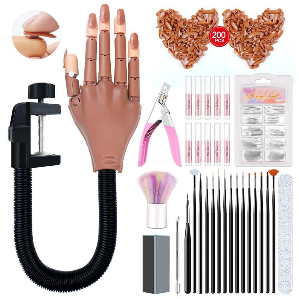 Practice Hand for Acrylic Nail Manicure Training, Flexible Fake Hands with 200PCS Nail Tips, Nail Glues, Brush & Clipper