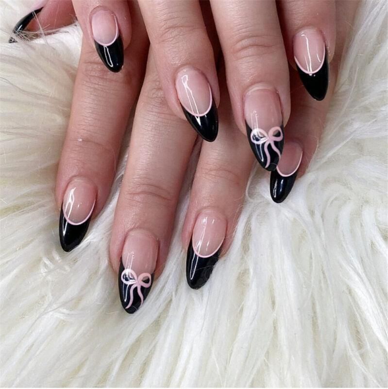 Short Almond Press-on False Nail Sweet Bow Black French Glossy Manicure 24pcs