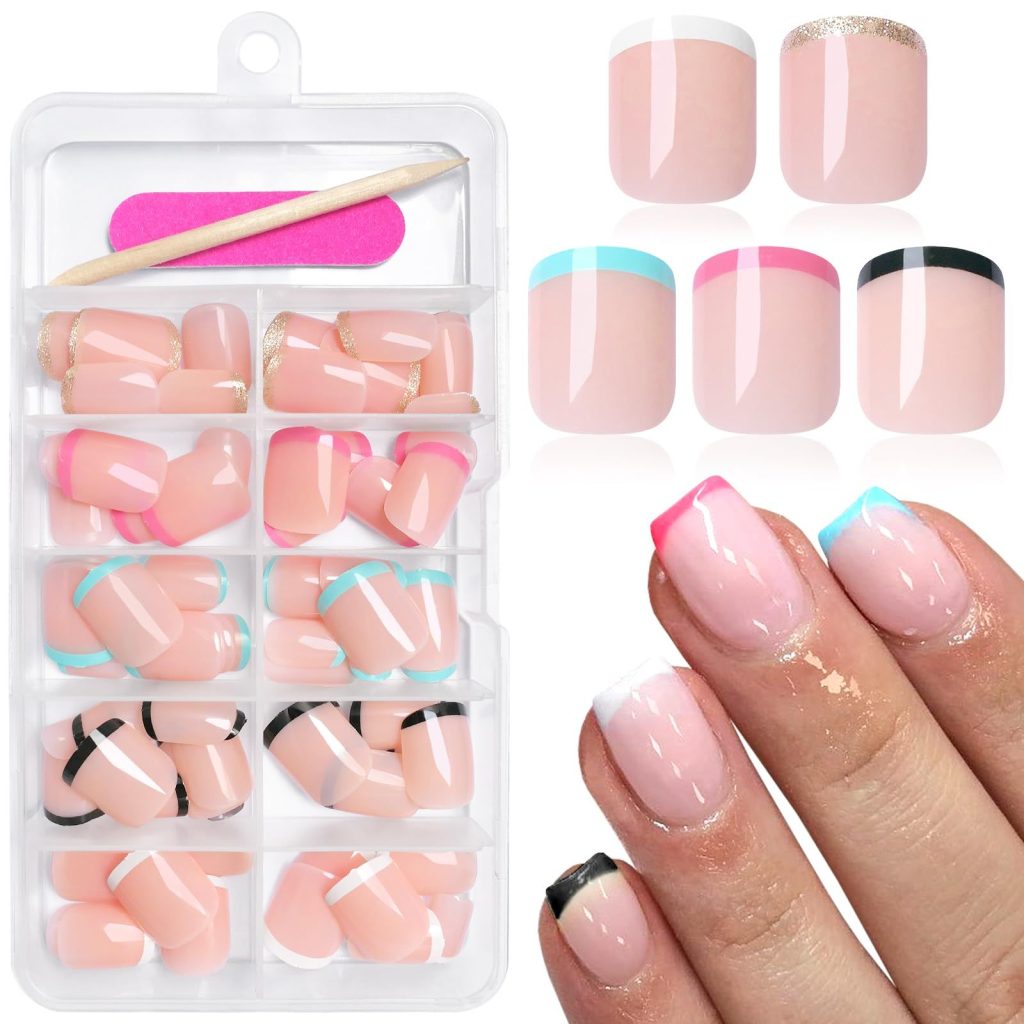Bellelfin 120Pcs Short French Tip Press on Nails, Mixed Color Square French Nail Press ons Full Cover Nude Acrylic Nails French Tips Glue on Nails Artificial Fake Nails for Women Manicure
