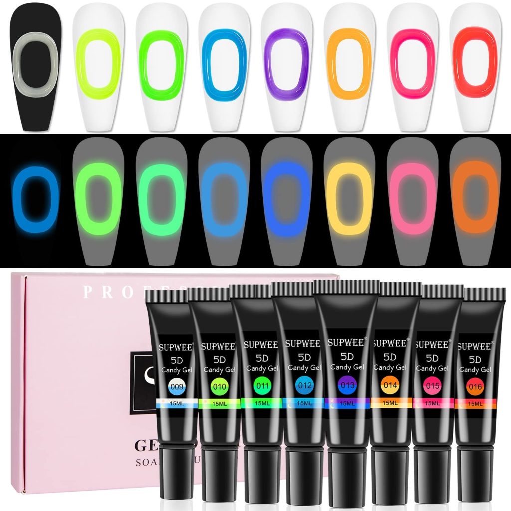 SUPWEE Glow in The Dark 3D Sculpting Gel – 8 Color Squeeze Tube for Carving, Painting, Drawing & Molding – UV Gel for Home Manicure & DIY Nail Salon Kit