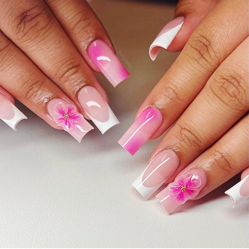 juchangps Press on Nails Long Square Pink Bling Glossy 3D Flower False Nail Tips Artificial Nails Finger Manicure Full Cover Stick on Nails for Women and Girls-24pcs (Pink&Flower, Long)