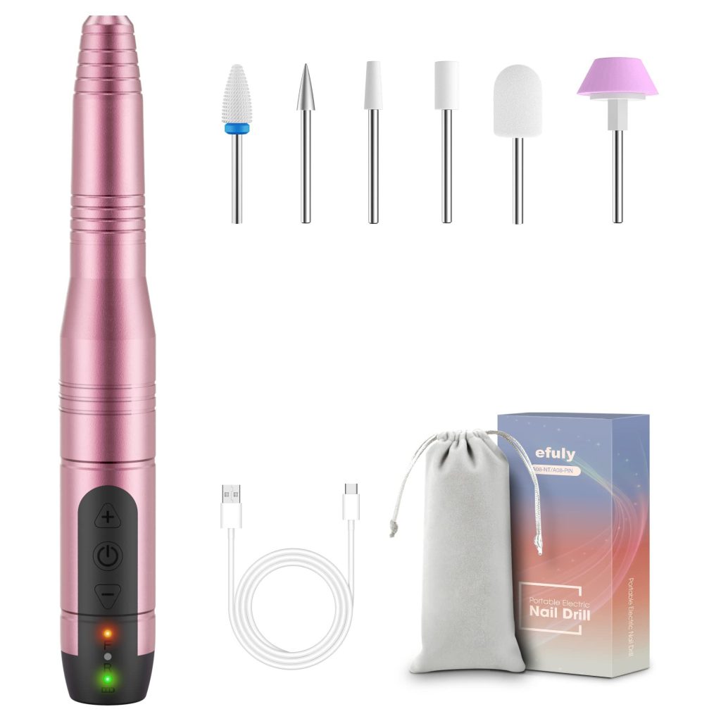 efuly Wireless Quiet Nail File with 20000 rpm Adjustable Nail Drill, USB Rechargeable Cutter Nails, Manicure Pedicure Set, Foot Care – Pink
