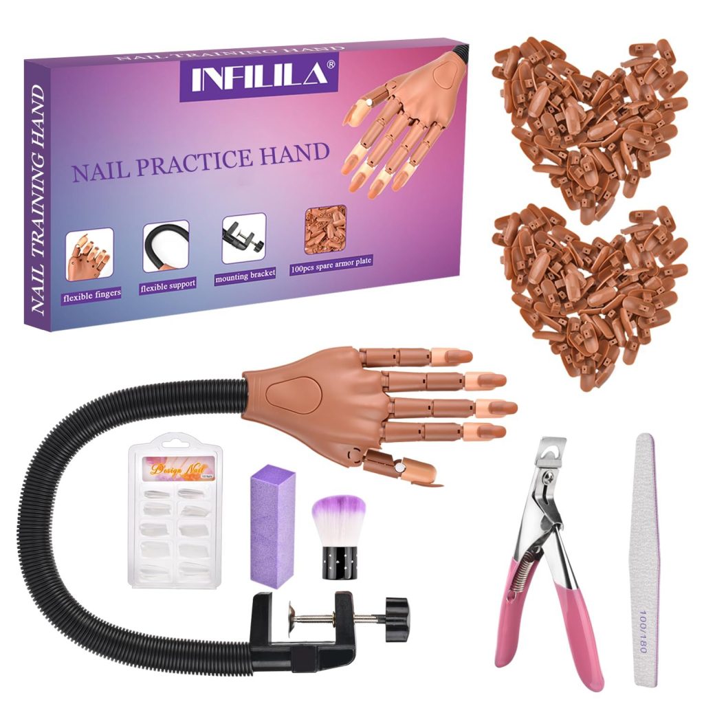 NXJ INFILILA Practice Hand for Acrylic Nails, Flexible Moveable Nail Practice Fake Hand, Manicure Trainng Kits with 200PCS Nail Tips, Files and Clipper, for DIY Manicure Salon Supplies Techs