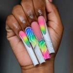 Neon Gradient Coffin Nails with 3D Art & Rhinestones🌈🦄