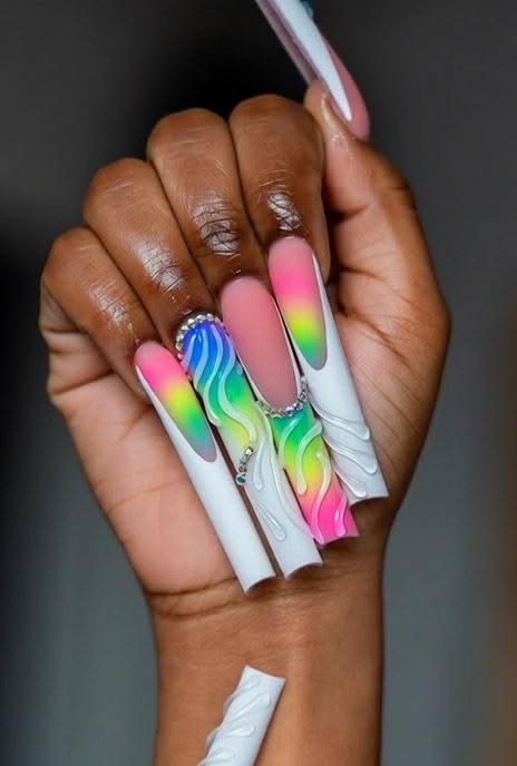 Neon Gradient Coffin Nails with 3D Art & Rhinestones🌈🦄