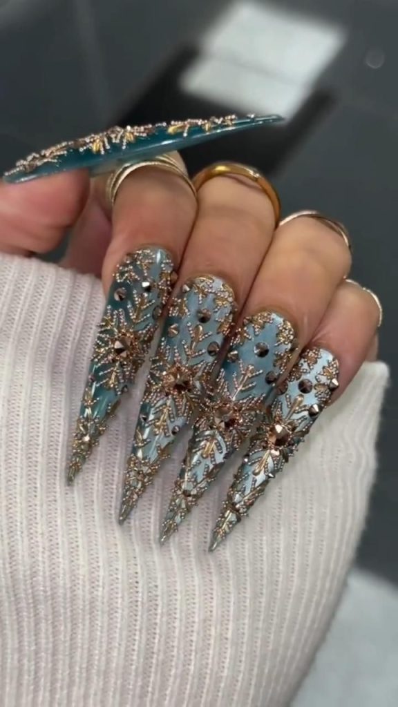 Blue Nails 2026: Teal Lace Gold Rhinestone Embellishment Maximalist Design