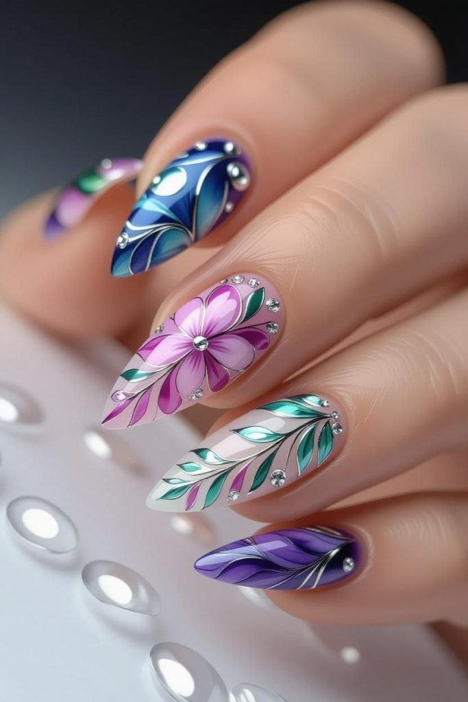 Glamorous Stiletto Floral Nail Art with Jewels | Vibrant Pink, Blue & Purple