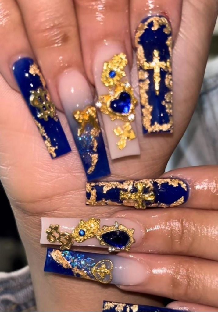 Luxury custom nails/ free style/long nails/money nails/gold chrome nails/blue nails/trendy nails/fancy nails/ almond stiletto nails