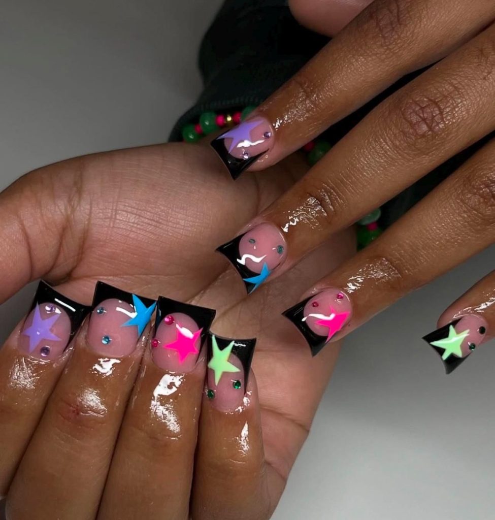 Black French Tips with Colorful Stars Set with Rhinestones Acrylic Nails | Acrylic PressOn Nails Valentines Day Nails