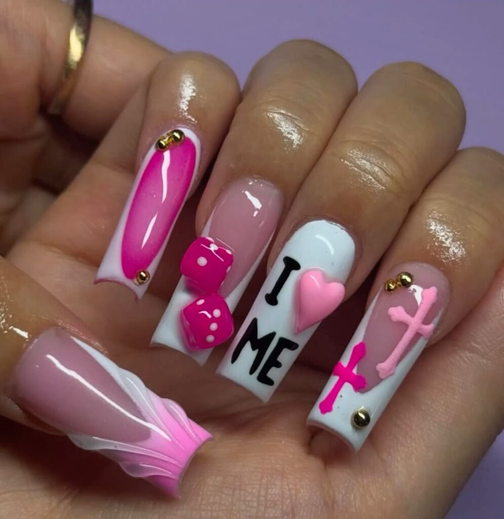 acrylics | nail art | valentines nails | french tip nails | pink nails | crystal…