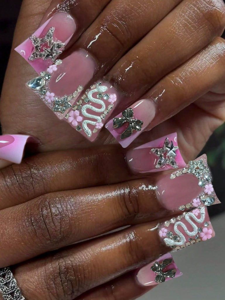 Y2K 24pcs Long Ducknails Pink French Tip Press On Nails 3D Bow, Star, Snake-Shaped Decoration With Rhinestone Design Fit Perfectly Acrylic False Nail, Contain 1pc Jelly Glue And 1pc Nail File, Ducknails & French Tip Nails For Woman & Girl DIY Daily Work Festivals Party Use