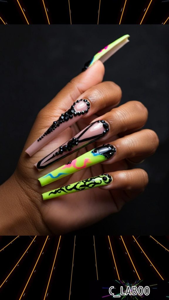 Colorful vibrant neon nail design, Fall nails, Winter nails, trending nails, long acrylic nails